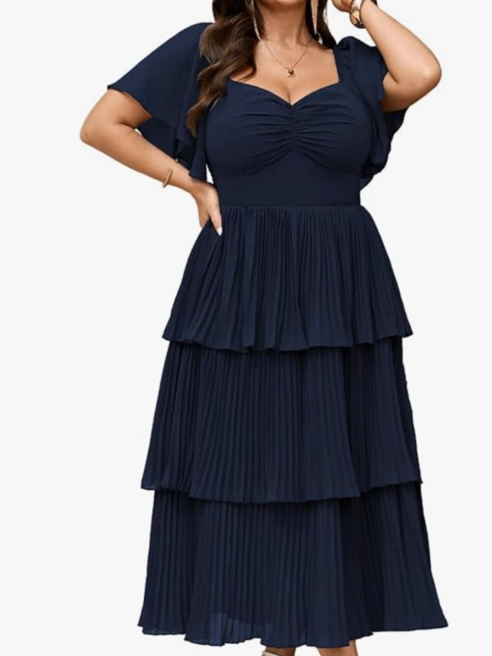 Women's Plus Size Pleated Tiered Navy Blue Dress